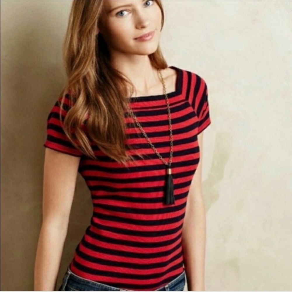 Anthropologie Red and Black Striped Short Sleeve Top